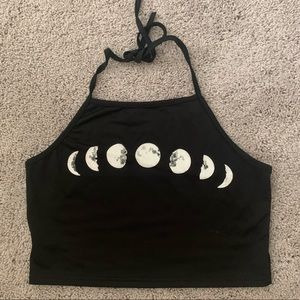 Moon Print Halter Open Back Crop Top